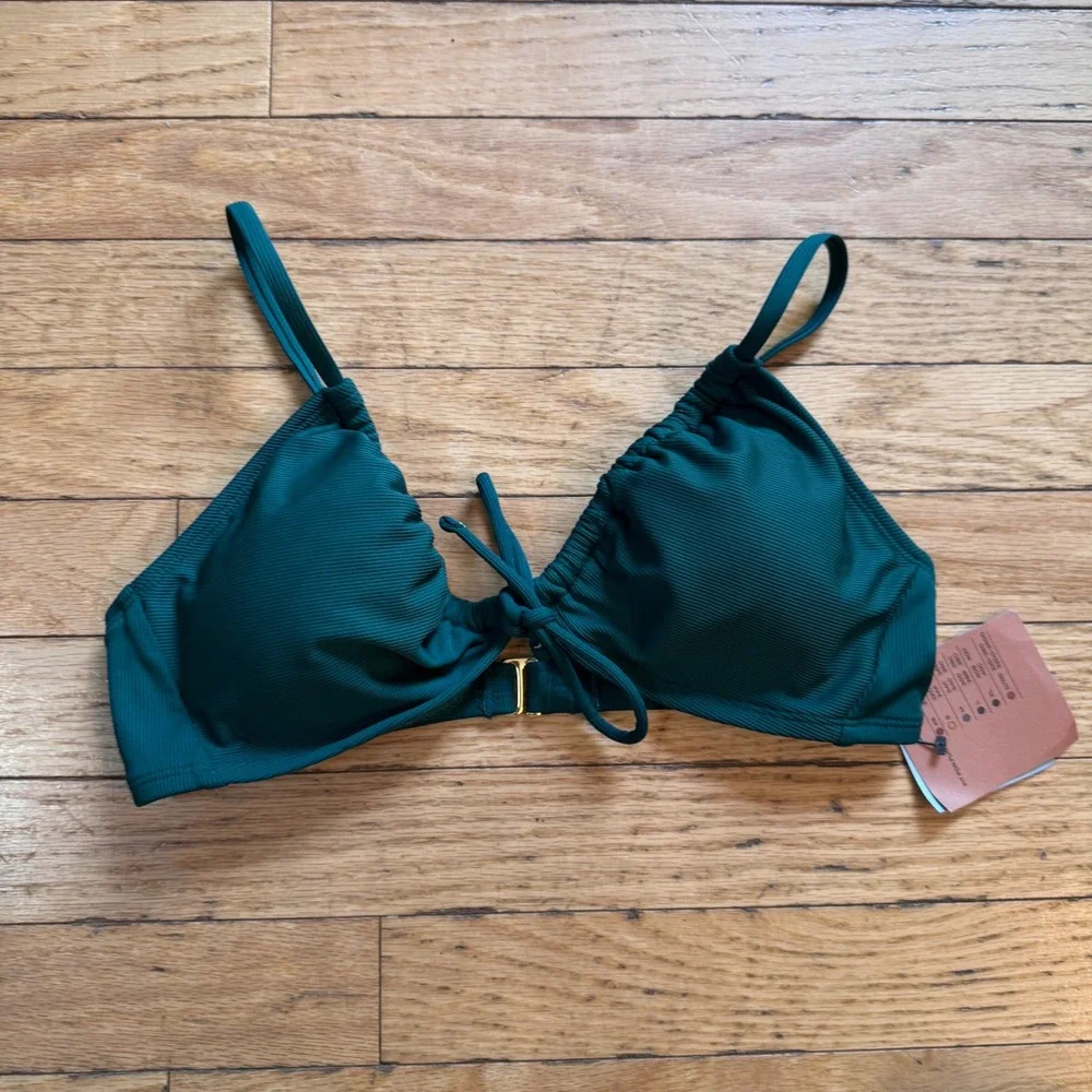Shade & Shore Dark Green Ribbed Front Tie Bikini Top Removable Pads Medium 8-10